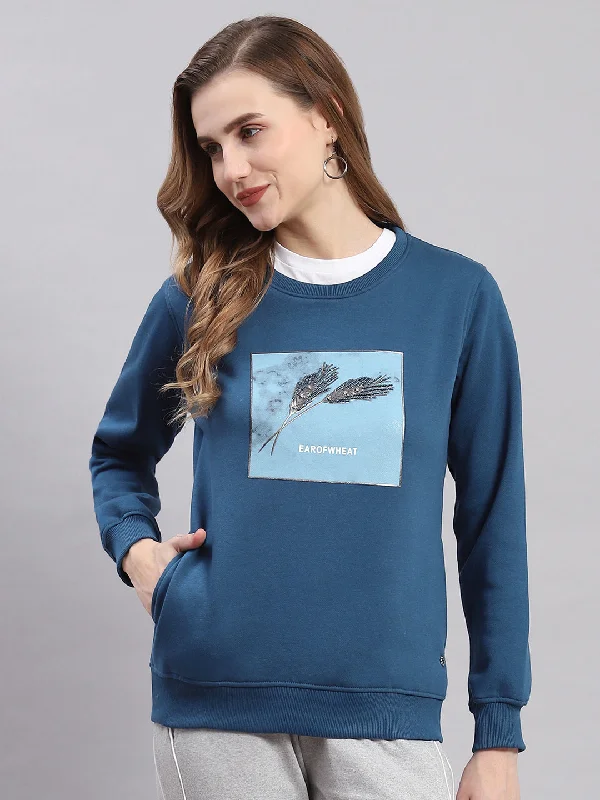 Fashionable Comfort Women Navy Blue Printed Round Neck Full Sleeve Sweatshirts
