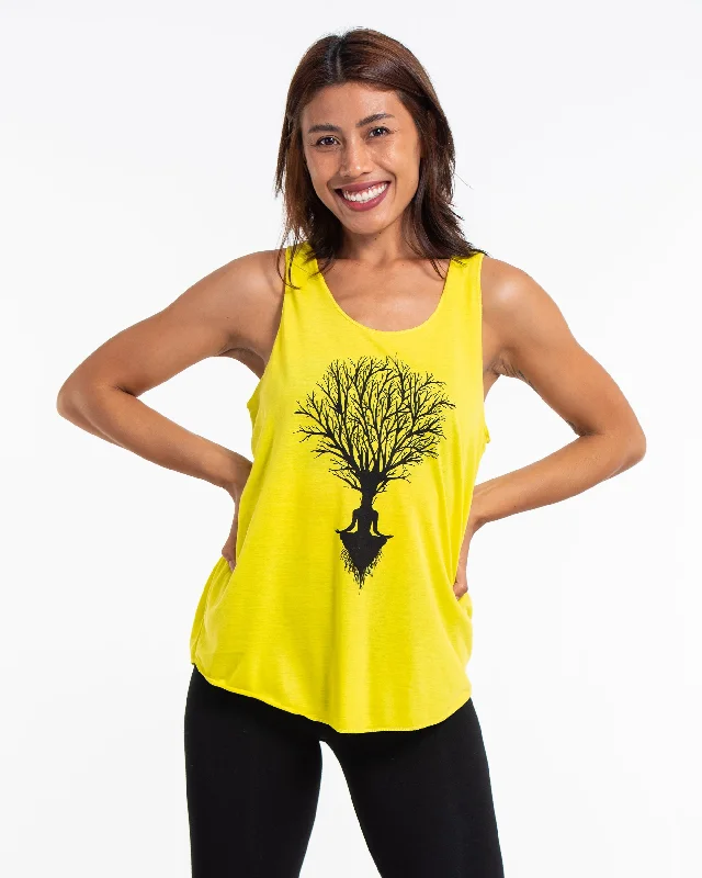 Cozy Essentials Wear Womens Meditation Tree Tank Top in Yellow