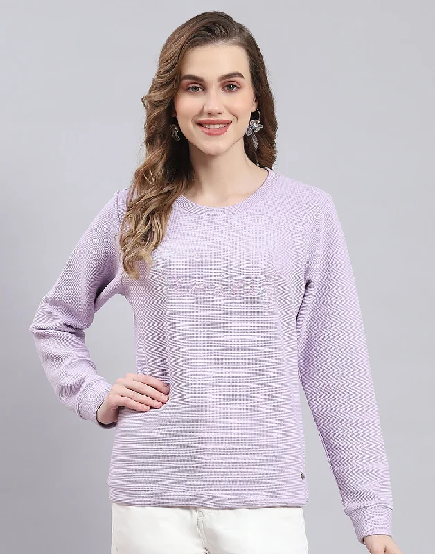 Soft Comfort Women Purple Self Design Round Neck Full Sleeve Sweatshirt
