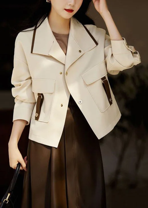 Classic Comfort Casual White Peter Pan Collar Patchwork Pockets Cotton Coats Fall