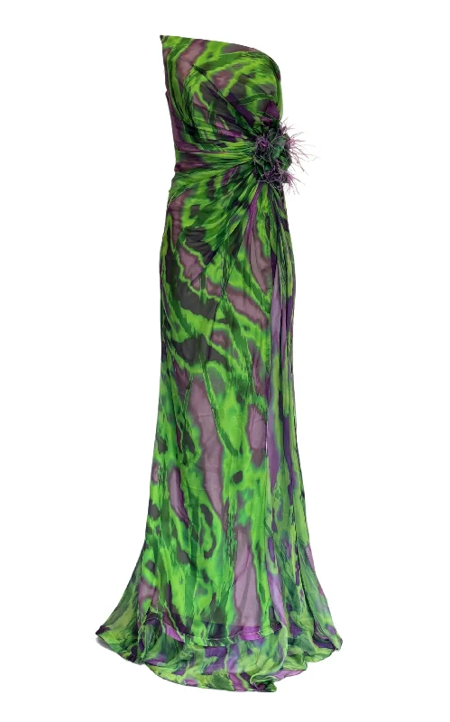 Classic Comfort Strapless Green Purple Print Party Dress