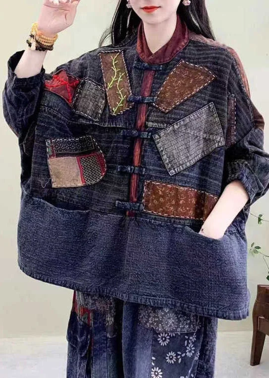 Modern Chic Bohemian Blue Patch Pockets Oriental Button Cotton Jackets Spring