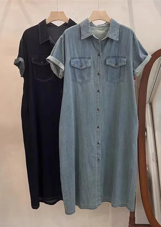 Cozy Fitting Loose Light Blue Peter Pan Collar Button Denim Shirts Dresses Summer