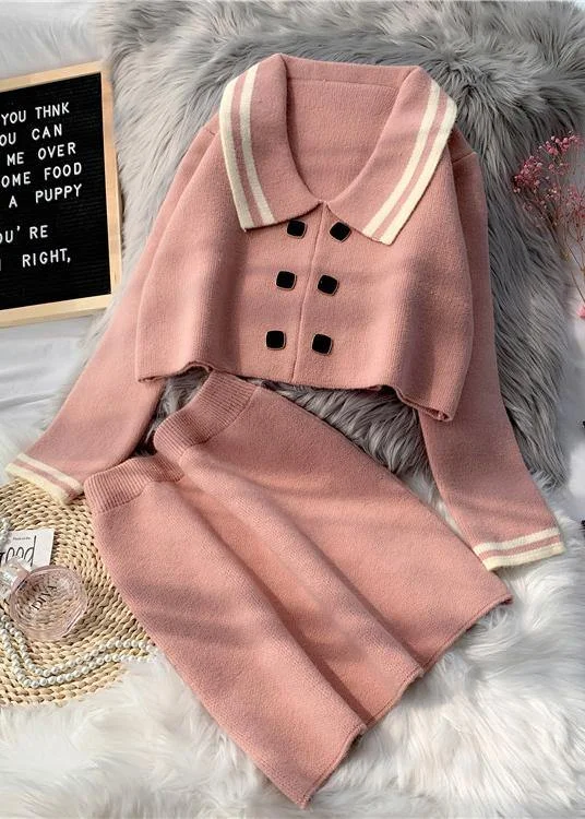 Urban Chic French Pink Knitted suit women's new short sweater Pullover skirt two piece set in early autumn 2024 Urban Chic French Pink Knitted suit women's new short sweater Pullover skirt two piece set in early autumn 2024