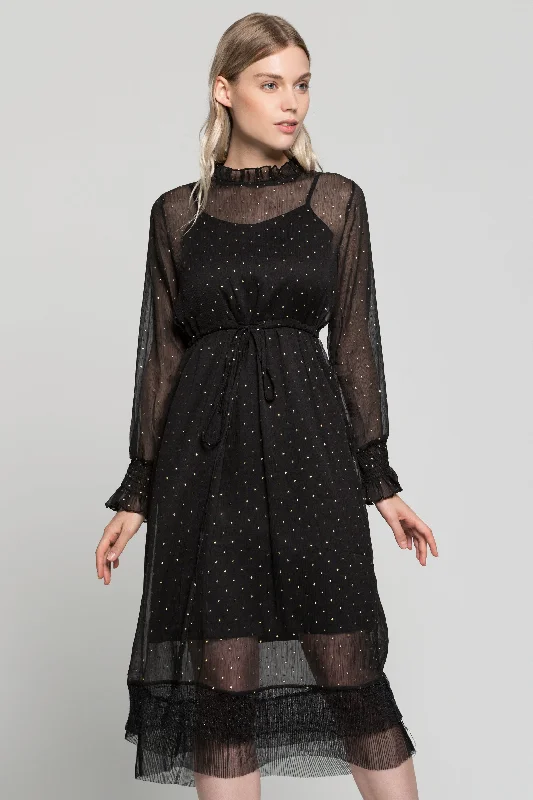 Comfortable Lounge Wear Black Star Sheer Ruffle Collar and Sleeves Midi Dress