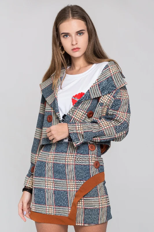 Stylish Jackets Chambray and Orange Tartan Blazer and Skirt Set