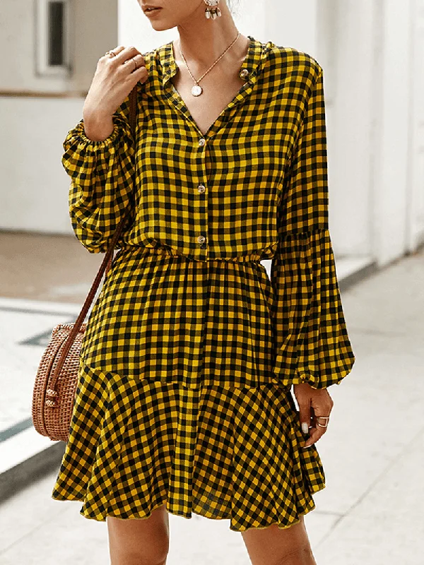 Relaxed Looks Long Sleveed Plaid Stand Collar Causal Shirt Dress for Women