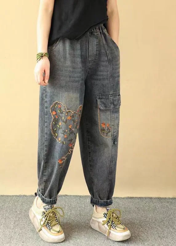 Elegant Casuals Loose Blue Embroidered Pockets Elastic Waist Denim Pants Spring