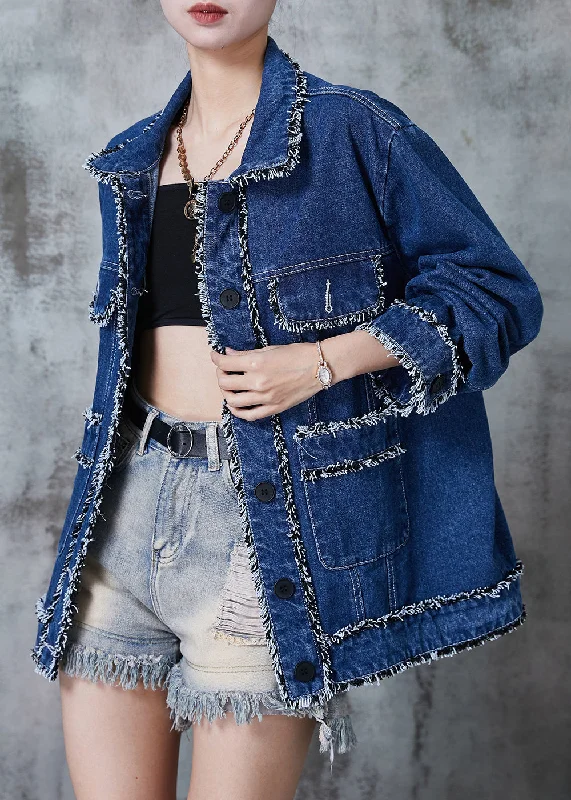 Relaxed Fashion French Denim Blue Tasseled Patchwork Loose Coat Fall