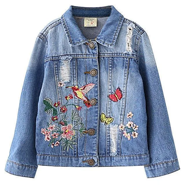 Soft Casuals Kids Jacket Girls Jean Jacket Floral Ragged Jacket