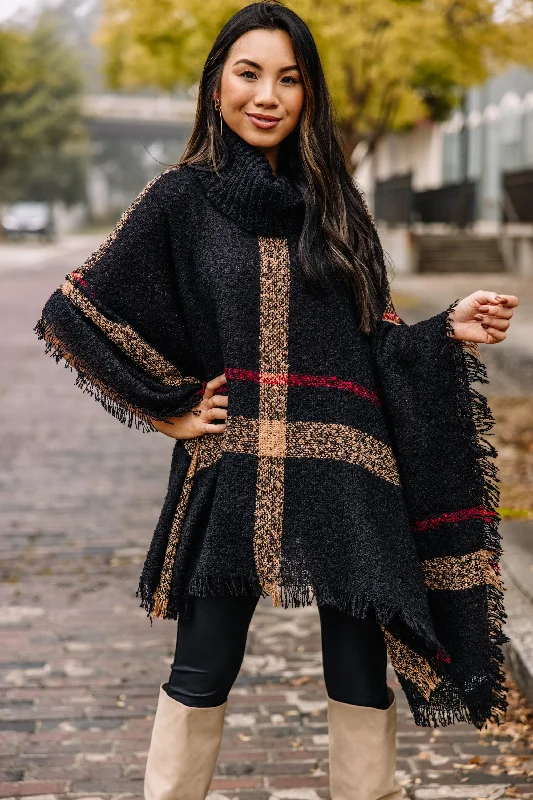Relaxed Tops On Your Side Black Plaid Poncho