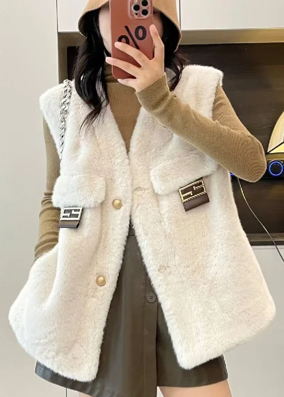 Cozy Essentials Wear Simple White V Neck Button Mink Velvet Waistcoat Winter