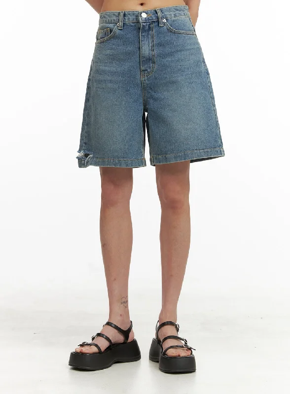 Breathable Style Unbalanced Destroyed Hem Bermuda Jorts CY423