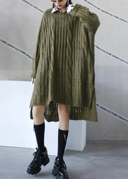Stylish Casuals Oversized green Sweater dress Street Style o neck low high design Art knit dresses