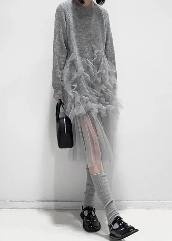Casual Fit Art Grey Ruffled Solid Tulle Patchwork Knit Dress Fall