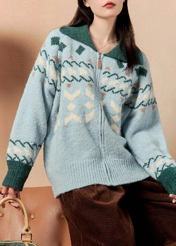Simple Comfort Jacquard Blue Zip Up Patchwork Knit Coats Winter