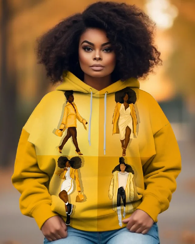 Soft Looks Yellow Tone Girls Cartoon Print Unisex Long-sleeved Hoodie