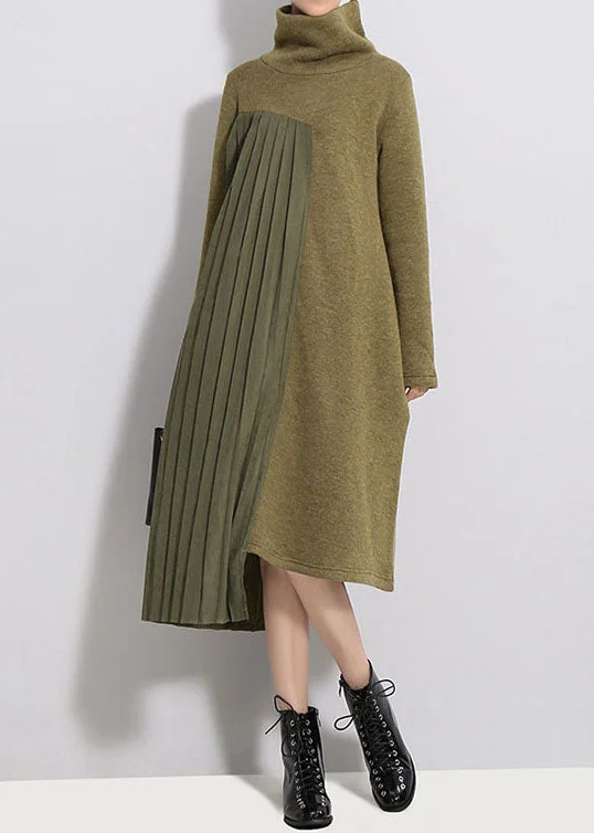 Cozy Fashion Trends Army Green Silk Patchwork Thick Knit Dress Spring