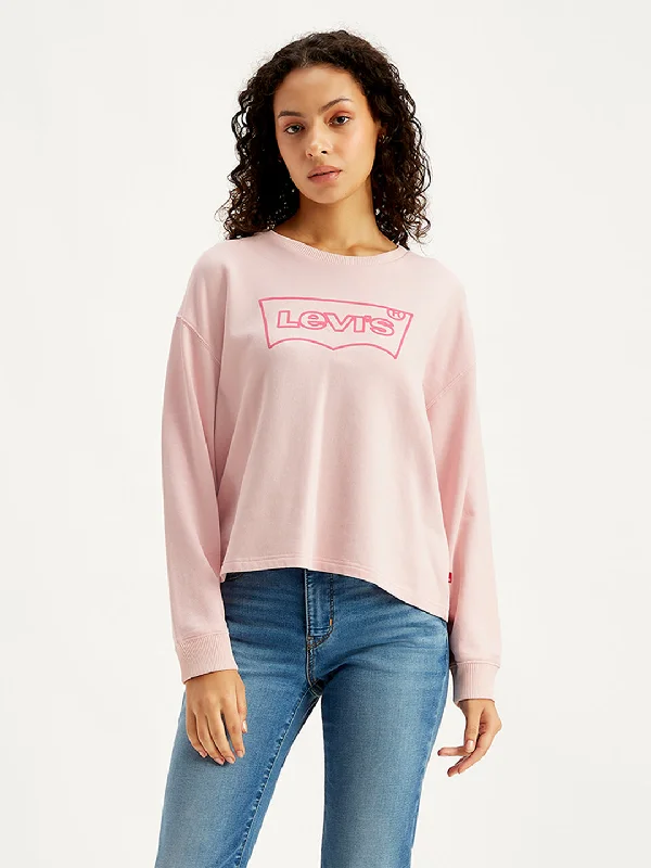 Easy Comfort Style Women's Brand Logo Light-Pink Crew Neck Sweatshirt
