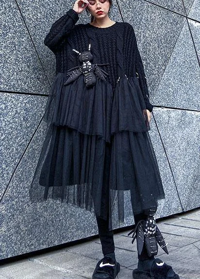Trendy Layers Oversized black Sweater Vintage o neck Three-dimensional decoration Big spring sweater dresses Trendy Layers Oversized black Sweater Vintage o neck Three-dimensional decoration Big spring sweater dresses