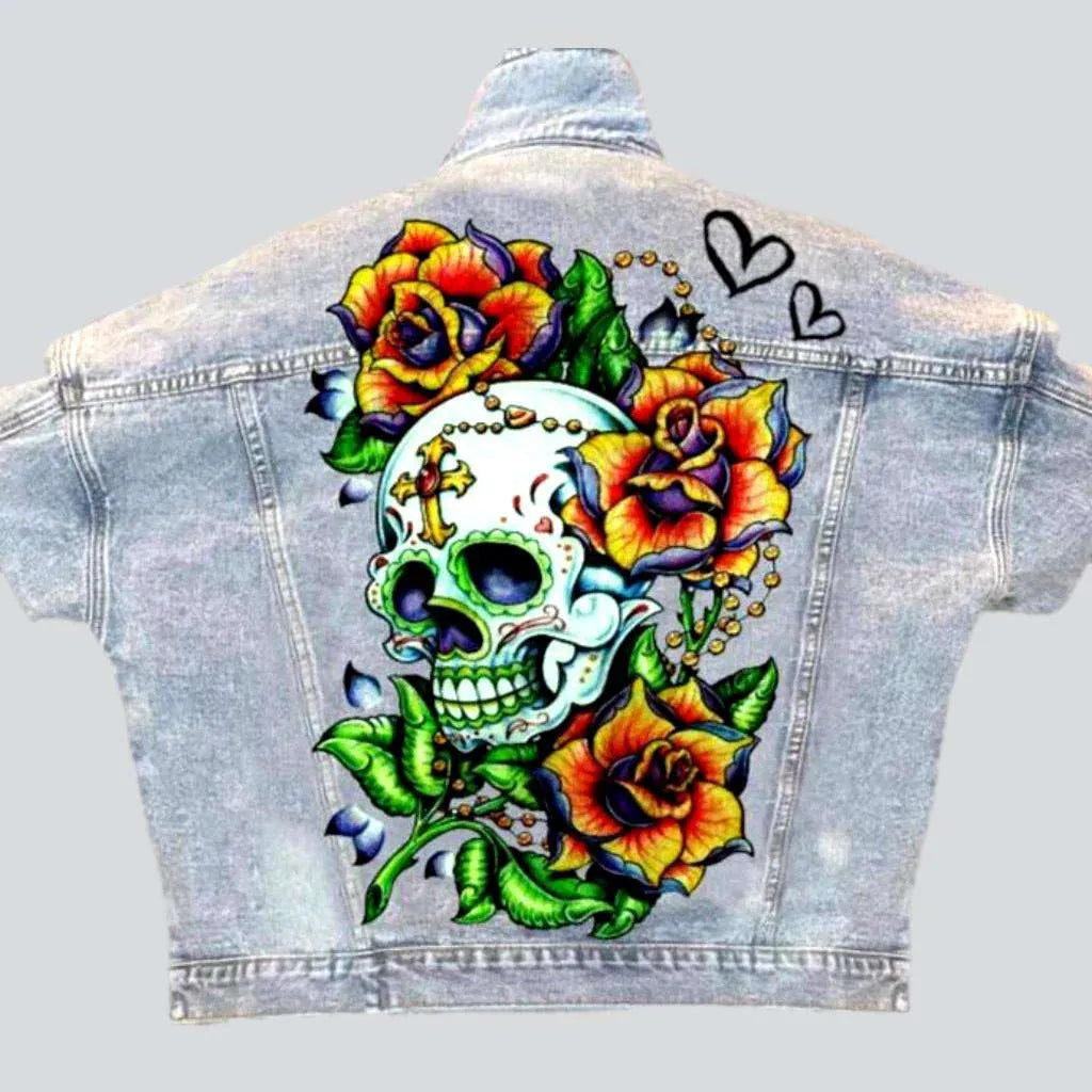 Soft Tops Light-wash skull print women's jean jacket