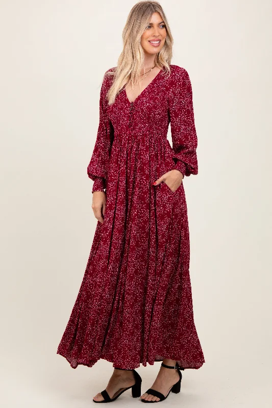Comfortable Chic Burgundy Floral Smocked Button Detail Maxi Dress