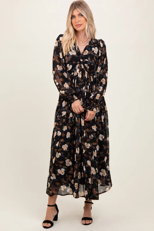 Casual Chic Looks Black Floral Chiffon Twist Front Wrap Maxi Dress