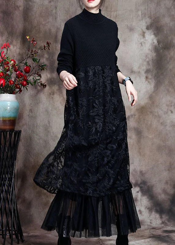 Cozy Fashion Women Black Knit Patchwork asymmetrical design Fall Knit Dress