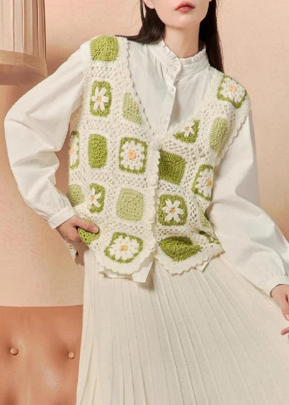 Easygoing Fashion Elegant Green Button Hollow Out Knit Waistcoat Sleeveless