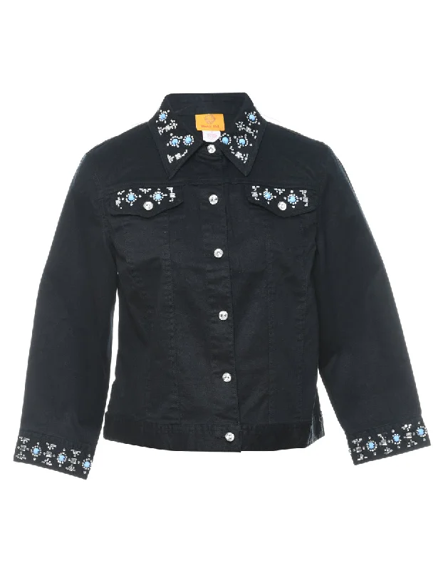 Layered Style Black Sparkly Embellished Denim Jacket - M