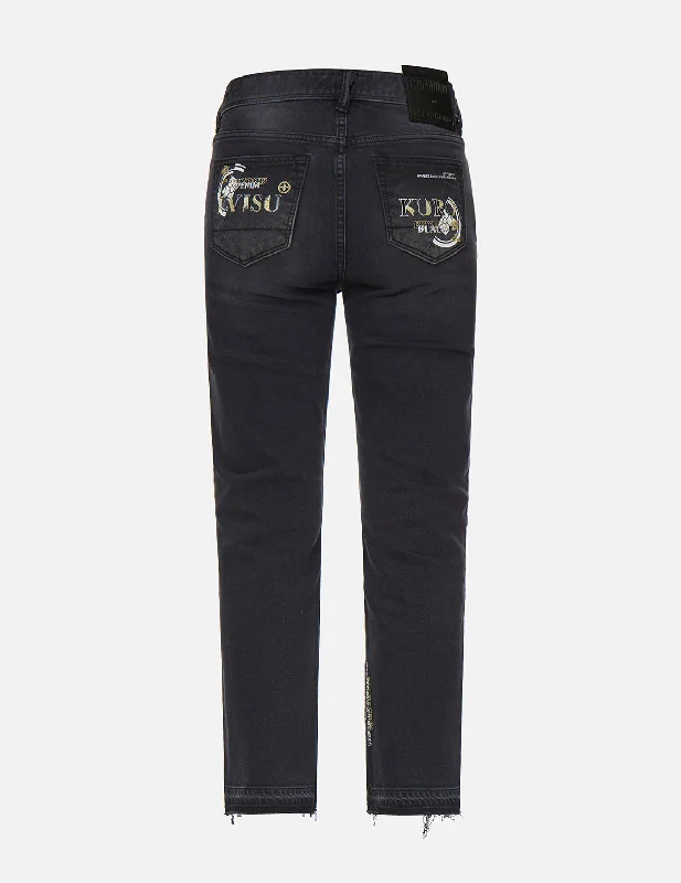 Comfortable Tops Slashed Kamon and Logo Embroidered Cropped Straight Fit Jeans