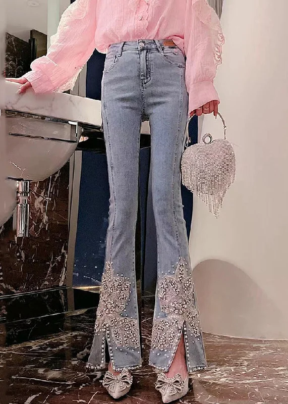 Cozy Essentials Handmade Blue Nail Bead Pockets High Waist Denim Pants Spring