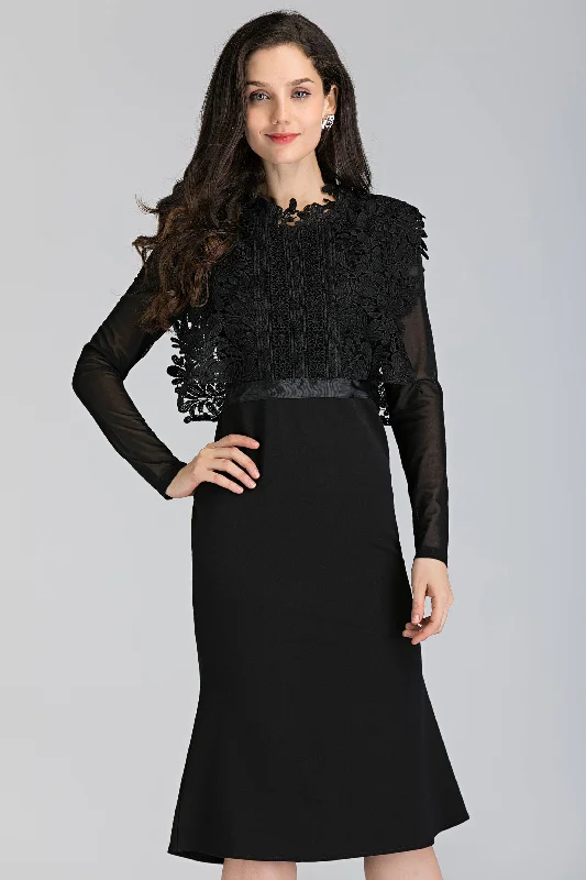 Cozy Chic Trends Black Sheer Sleeves Heavy Lace Midi Dress
