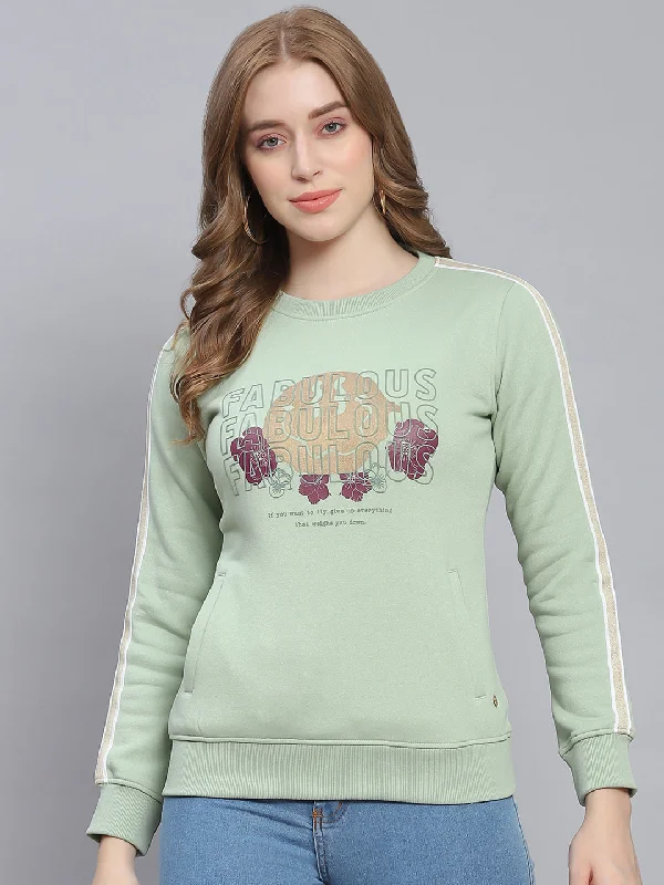 Stylish Fit Women Green Printed Round Neck Full Sleeve Sweatshirts