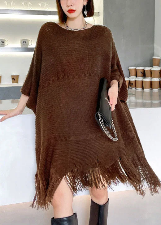 Comfortable Fashion Looks Art Chocolate tasseled asymmetrical design Loose Fall Knit Dress Comfortable Fashion Looks Art Chocolate tasseled asymmetrical design Loose Fall Knit Dress