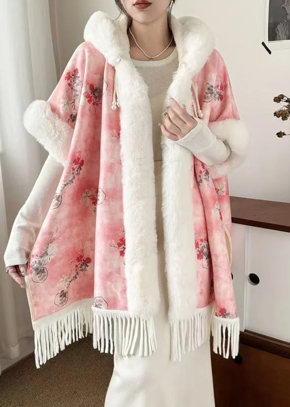 Cozy Fashion Trends New Pink Hooded Tasseled Patchwork Warm Fleece Coats Half Sleeve Cozy Fashion Trends New Pink Hooded Tasseled Patchwork Warm Fleece Coats Half Sleeve