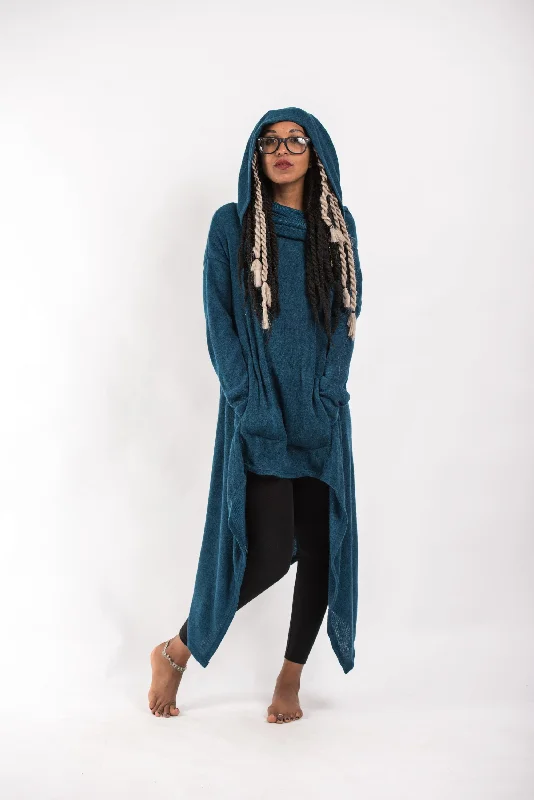 Soft Wearables Ultra Long Hooded Sweater in Blue