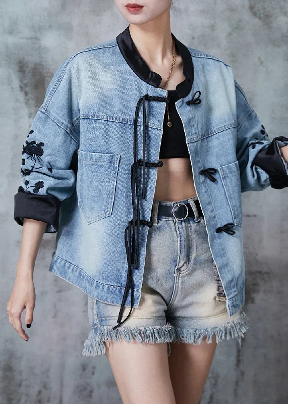 Breathable Style Original Design Light Blue Embroidered Chinese Button Denim Coats Fall