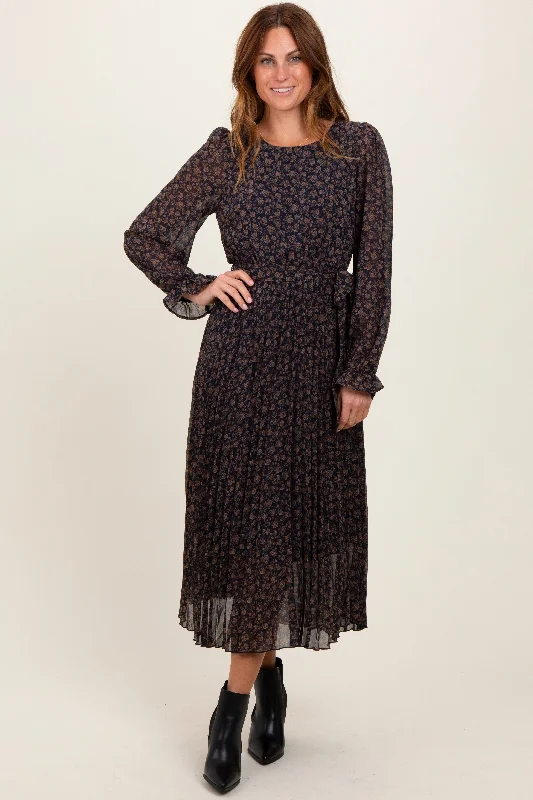 Cozy Fitting Navy Blue Floral Front Tie Pleated Midi Dress