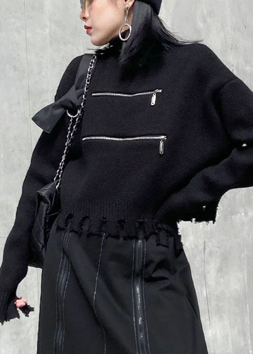 Weekend Comfort Wear Chic Black zippered tasseled fashion Fall Sweater