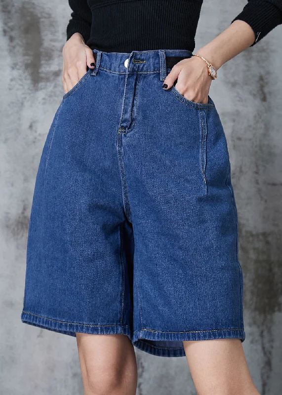 Easygoing Fashion Classy Navy Elastic Waist Silm Fit Denim Shorts Summer