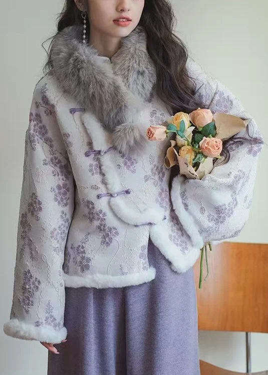 Comfy Chic Wear Art Purple Button Print Patchwork Cotton Filled Coats Spring