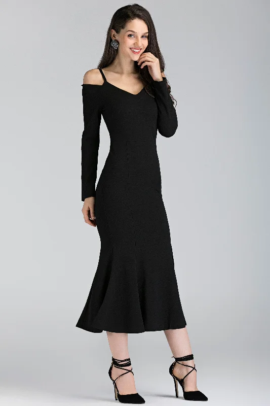 Breezy Outfits Black Trumpet Slit Midi Dress