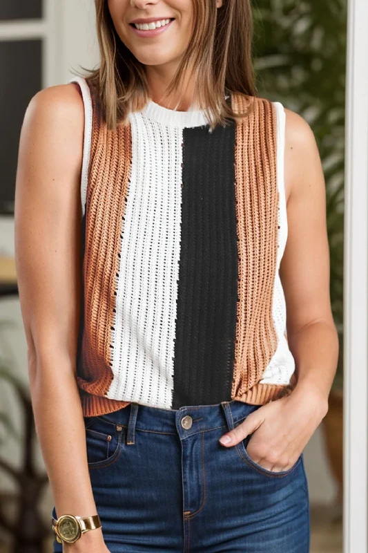 Light Dressing Color Block Round Neck Sweater Vest