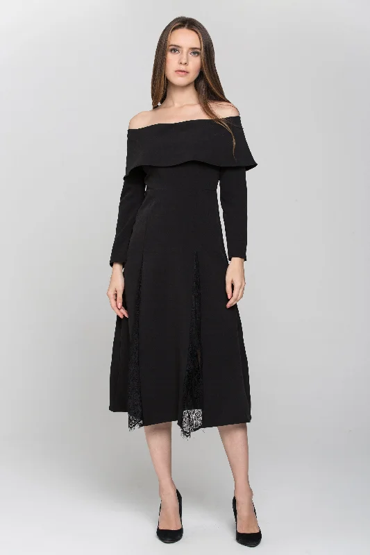 Casual Chic Looks Black Sleeved Bardot Lace Panel Maxi Dress
