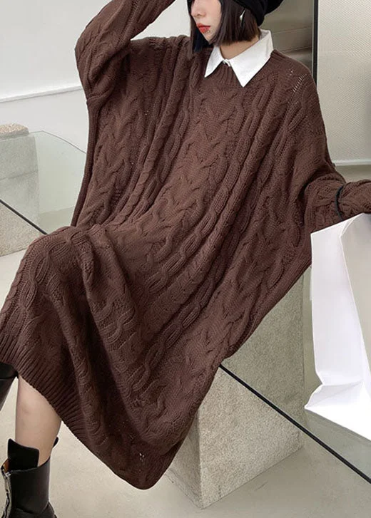 Relaxed Fit Wear Classy Coffee O-Neck Jacquard Casual Fall Sweater Dress
