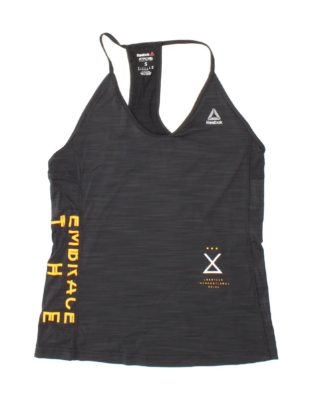 Cozy Apparel REEBOK Womens Graphic Vest Top UK 8/10 Small Black