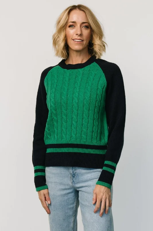 Elegant Casuals Marsha Cable Knit Sweater | Green + Navy