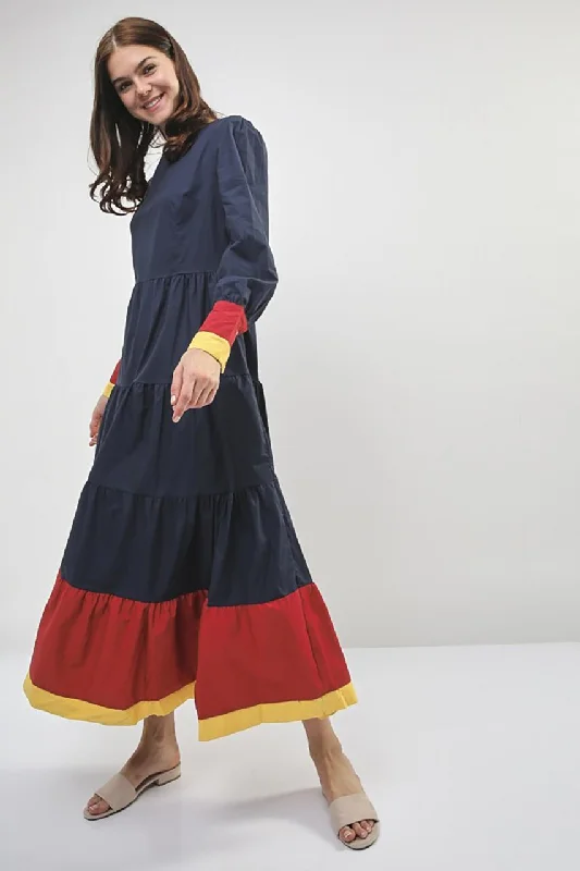 All-Day Outfits Blue and Yellow Cuff Long Sleeves Midi Dress