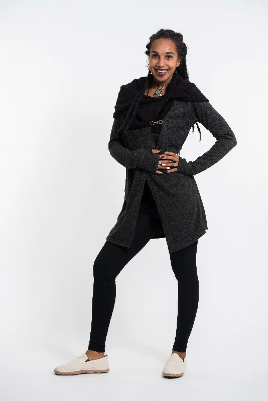 Relaxed Jackets Hoodie Shawl Jacket with Metal Clasp in Black